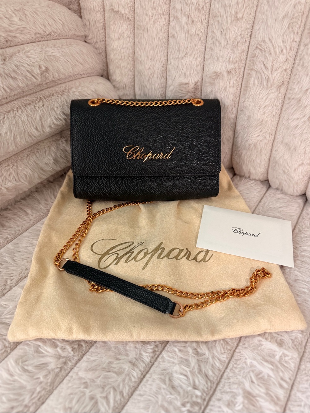 Chopard Box Like Bag Black Leather Crossbody with Gold Chain and Script Logo